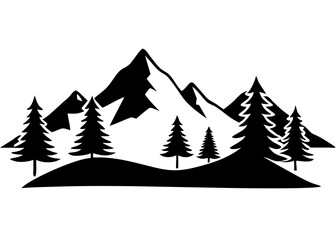 Obraz premium Creative Black Silhouette of Mountains and Fir Trees | Camping Adventure Wildlife Landscape Icon Vector Illustration