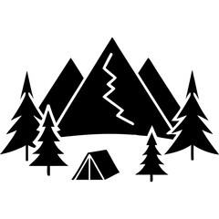 Obraz premium Creative Black Silhouette of Mountains and Fir Trees | Camping Adventure Wildlife Landscape Icon Vector Illustration