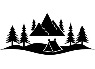 Creative Black Silhouette of Mountains and Fir Trees | Camping Adventure Wildlife Landscape Icon Vector Illustration