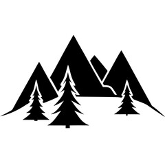 Obraz premium Creative Black Silhouette of Mountains and Fir Trees | Camping Adventure Wildlife Landscape Icon Vector Illustration