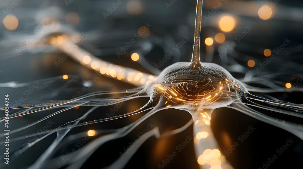 Poster microscopic view of a nerve cell and its network highlighting its intricate and complex structures