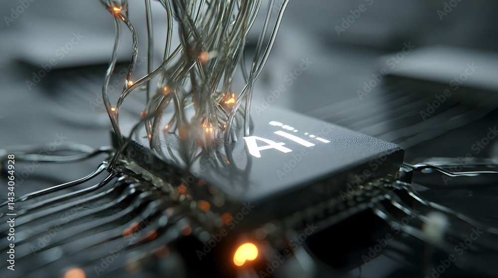Poster futuristic ai chip entwined with data streams showcasing technological advancement and neural networ