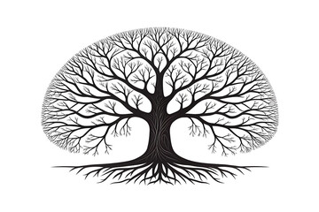 Majestic winter tree silhouette sprawling branches and deep roots stark black ink design against a pure white background symbol of strength and resilience