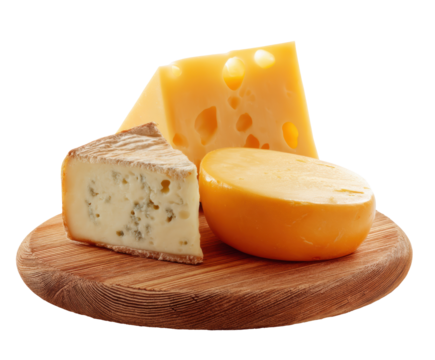 Assorted cheese selection on a wooden board for gourmet tasting on a transparent background, cut out