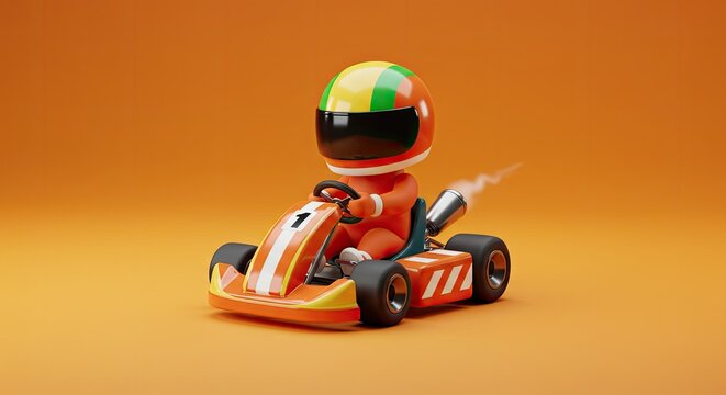 3D rendered illustration of a cartoon person driving a go kart on a vibrant orange background. The driver is wearing a helmet and racing suit