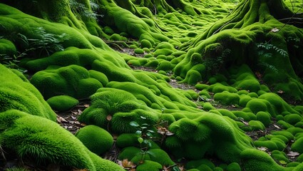 Serene vibrant moss covered forest floor exploration