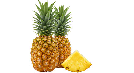 Two whole pineapples with green tops and a slice of pineapple on a black and white background