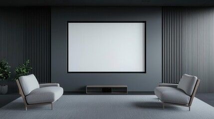 Ultramodern minimalist home theater with plush seating, sleek decor, and a seamless immersive experience