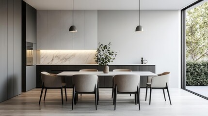 Luxury dining experience with a minimalist marble table, designer chairs, and an intimate warmlit setting