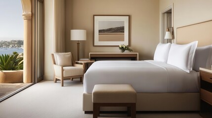 Minimalist hotel suite with warm neutral tones, elegant furnishings, and a panoramic ocean view