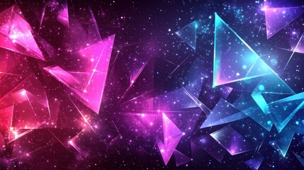 Abstract cosmic background with glowing pink and blue triangles.