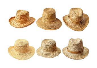 Stylish straw hats collection for summer beach product display isolated on transparent background