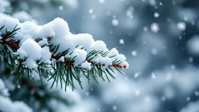 Winter snowfall gently blankets a pine branch, A close-up view of a pine branch covered in fresh snow, with snowflakes gently falling around it.