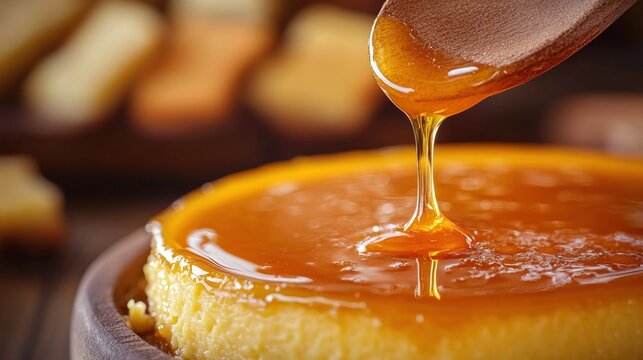 Sweet caramel sauce poured over flan
