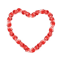 Frame of pomegranate seeds, heart shape clipart. Hand drawn watercolor illustration. Happy Valentines day template, design for cards, prints, posters.