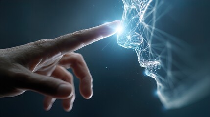 Human Hand Touching Hologram Futuristic Interface Technology Connection Digital Interaction Modern Conceptual Art Artificial Intelligence Symbolic Gesture lowercase
