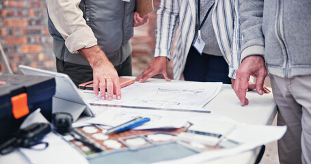 Construction site, people and hands for documents, blueprint and floor plan for property development. Team, technology and contractor on worksite for project management, engineer and architect design