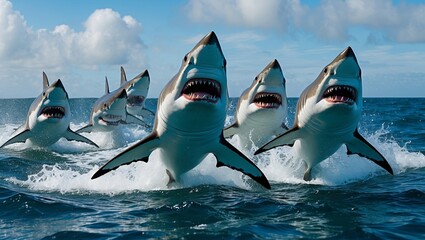 Sharks breaching the water in dynamic ocean scene