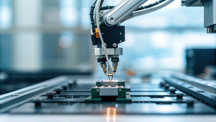 Automated robotic hand assembling tiny circuits with precision modern manufacturing environment, showcasing advanced