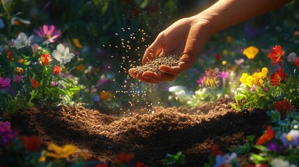 Hand scattering seeds into soil amidst vibrant flowers