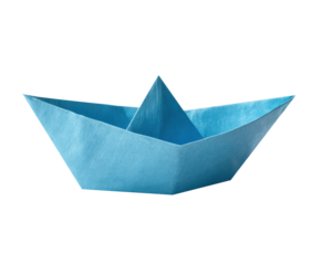 Blue paper boat for creative art and decoration projects on a transparent background, cut out