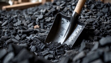 Shovel embedded in charcoal showcasing texture and contrast