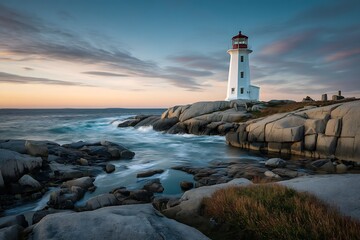 Dawn light on white lighthouse by rocky coastline  
