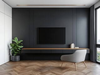 Ultraluxury penthouse study with a minimalist blackandwhite aesthetic, elegant furniture, and soft lighting