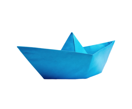Creative blue origami boat crafted from folded paper for art projects on a transparent background, cut out