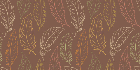 Seamless boho pattern with feathers in warm earthy tones on a Mocha Mousse background. Perfect for textiles, wallpapers, and trendy autumn designs.