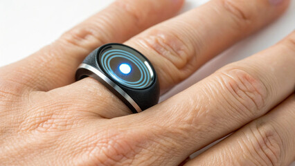 Fototapeta premium Smart ring is being placed on finger, showcasing its sleek design and glowing light, symbolizing modern technology