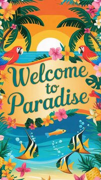 Tropical paradise welcome sign near blooming hibiscus, colorful macaws perching, vibrant fish swimming through crystal waters.