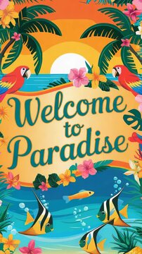Colorful tropical landscape with paradise theme and vibrant marine life under sunset sky.
