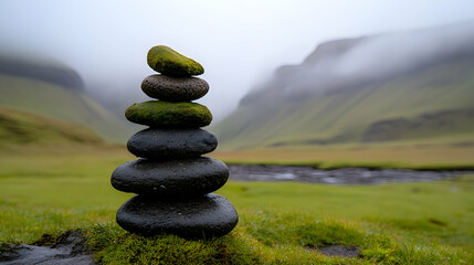 Balanced Stack of Mossy Stones in a Misty Mountain Valley