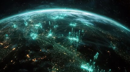 Fototapeta premium Global network connections visualized on Earth at night.