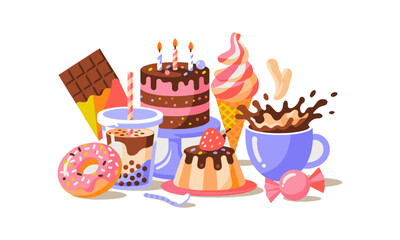A modern vector-style illustration of various sweet desserts and drinks, easily editable.