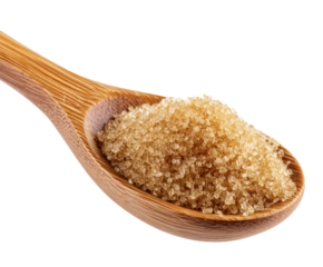 Natural brown sugar in wooden spoon for baking and cooking on a transparent background, cut out