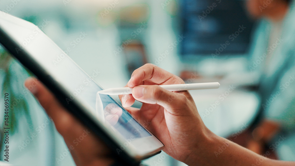 Poster Tablet, stylus and hands of person in office for web development, AI update or software upgrade process. Network, coding and programmer on digital app with pen, planning and UX design at tech agency