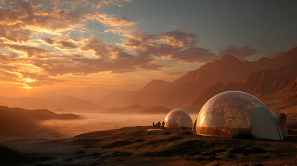 Futuristic domes nestled in a Martian landscape under a sky painted with the hues of dawn or dusk