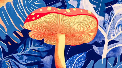 modern mushroom illustration with tropical leaves abstract
