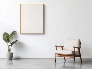 Fototapeta premium Highend minimalist living room with polished concrete floors, neutral furniture, and statement artwork