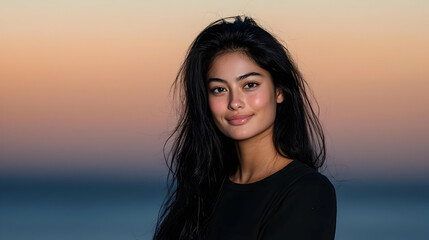 Fototapeta premium Portrait Of A Young Woman With Long Black Hair Smiling Against A Blurred Colorful Sunset Sky