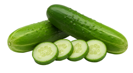 Two cucumbers and four slices of cucumber arranged on a black surface in a studio shot