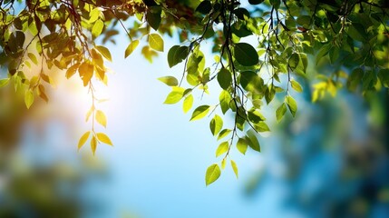 Obraz premium Serene foliage canopy with sunlit leaves against a bright blue sky creating a tranquil atmosphere and inviting natural light showcasing vibrant green hues and a peaceful scene