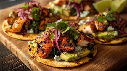 Delicious grilled chicken tacos with avocado, red onion, and cilantro.