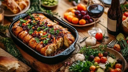 Hearty, rustic bread casserole dish on a wooden table