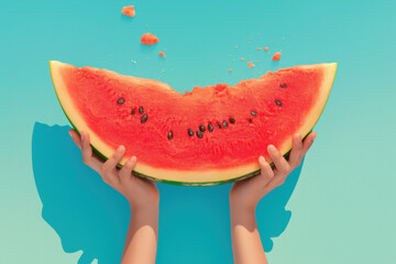 Person holding a slice of watermelon at a summer picnic. Sunlight filters through the trees, casting dappled shadows on the grass. Joyful expressions all around.