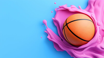 Fototapeta premium Orange Basketball in Pink Liquid Splash on Blue Background