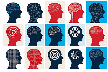 A captivating array of stylized human heads each showcasing unique brain patterns and network connections using bold red and blue color palettes with minimalist design elements