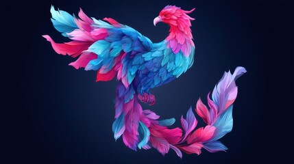 Obraz premium A vibrant, stylized phoenix with colorful feathers, showcasing a blend of pink and blue hues against a dark background.